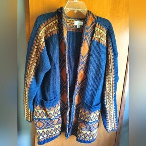 Lucky Brand Navy and Orange Geometric Hooded Cardigan XL